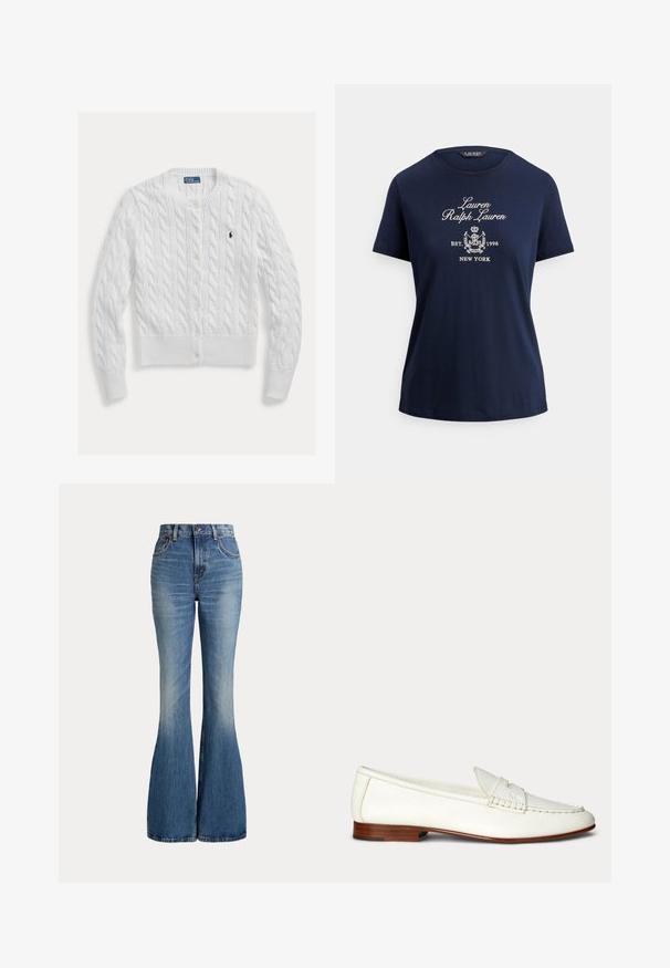 Hvid strikket cardigan med kabelmønster, rund halsudskæring og knaplukning, med ribkant forneden og ved ærmerne. Lille logo på brystet.; Mørkeblå kortærmet t-shirt med "Lauren Ralph Lauren EST. 1996 NEW YORK" og et dekorativt våbenskjold trykt i hvidt på forsiden.; Højtaljede blå jeans i denim med klokkeformede ben og let falmet område foran på låret, vist mod hvid baggrund.; Hvid læder slip-on loafer med lav brun hæl og syninger langs toppen og siderne.