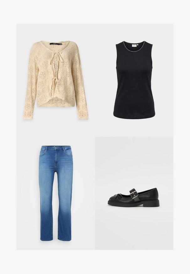 Haut beige en crochet à manches longues avec deux liens à l'avant et motif floral ajouré, présenté sur un fond clair uni.; Haut sans manches noir pour femmes avec encolure ronde et bordure blanche délicate en forme de festons le long des bords sur fond clair.; Jean en denim bleu clair avec une coupe droite, un design à cinq poches et un effet délavé à l'ourlet. Fermeture à bouton à la taille.; Chaussure Mary Jane en cuir noir avec un bout arrondi, une sangle à la cheville et des détails en boucle argentée. Présente une semelle plate et épaisse ainsi qu'un accent en nœud.
