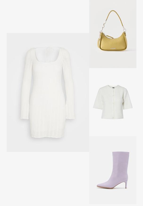 Cárdigan blanco de manga corta con un cuello redondo, textura acanalada y cierre de cinco botones; tejido suave con un corte relajado.; Hollister Co. SHORT DRESS - Vestido informal - antique white; Even&Odd Botas - purple; Bolso pequeño amarillo con textura, cremallera superior curva, asa corta y ondulada, correa desmontable y logo plateado de Steve Madden.