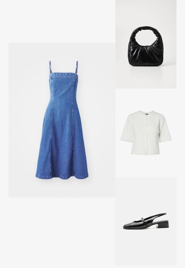 Cárdigan blanco de manga corta con un cuello redondo, textura acanalada y cierre de cinco botones; tejido suave con un corte relajado.; Vestido de mezclilla con un cuerpo ajustado, tirantes ajustables, falda acampanada, color azul medio y costuras visibles. Textura suave.; Zapato slingback de charol negro con tacón bajo y grueso y una fina correa con hebilla de plata en la parte superior.; Bolso negro acolchado con un asa redondeada, que presenta una superficie lisa y brillante y una textura suave y acolchada. Sin herrajes ni acentos visibles.