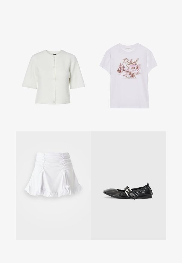 Hvid kortærmet cardigan med rund halsudskæring, ribbet tekstur og fem knaplukninger; blødt stof med en afslappet pasform.; Hvid bomulds T-shirt med et grafisk print, der viser ordene "Rebel Dusty Boots", kaktusser og ørkenlandskaber i pink og brune nuancer.; Hvid nederdel lavet af tekstureret stof med rynkedetaljer og bølger. Har en udvidet design med en tætsiddende talje.; Sorte læder flade sko med spids tå, samling detaljer omkring åbningen, og en sølv spænde accent på den justerbare rem.