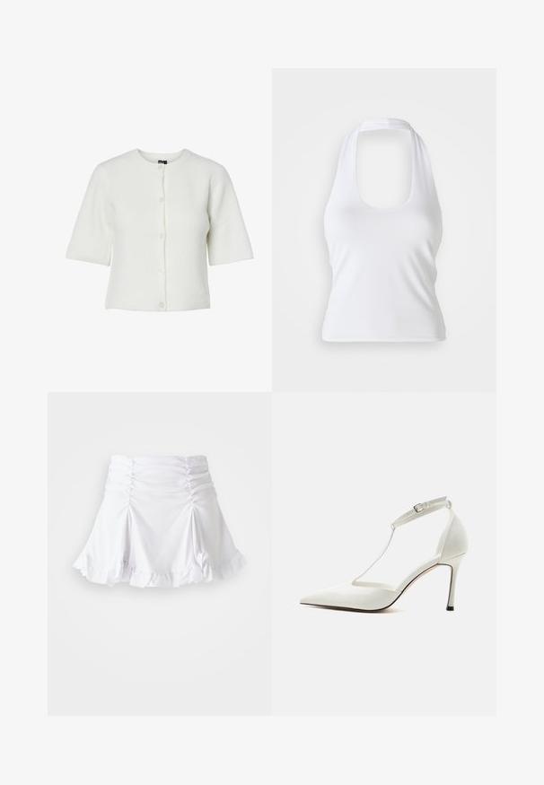 Hvid kortærmet cardigan med rund halsudskæring, ribbet tekstur og fem knaplukninger; blødt stof med en afslappet pasform.; Hvid halterneck top med scoop-udskæring, lavet af glat, strækbart stof. Har et minimalistisk design uden dekorative elementer eller mønstre.; Hvid nederdel lavet af tekstureret stof med rynkedetaljer og bølger. Har en udvidet design med en tætsiddende talje.; Hvid spids højhælet sko med tynd ankelrem og spænde, glat finish og slank stilethæl på ensfarvet baggrund.