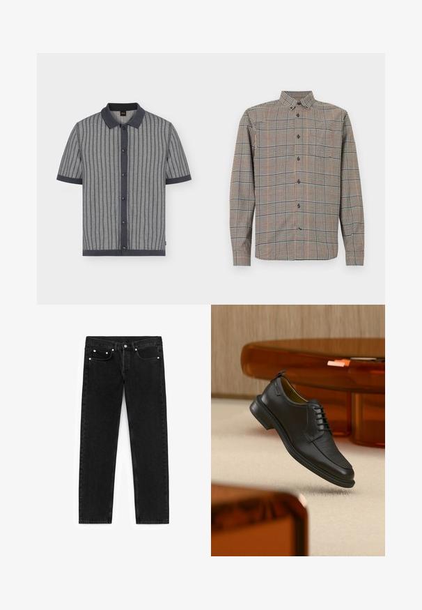 Chemise grise à manches courtes avec boutons, rayures noires verticales, col, poignets et ourlet noirs, posée à plat sur fond blanc.; Chemise à manches longues avec col classique, présentant un motif à carreaux beige et noir avec des lignes subtiles rouges et bleues.; Jean en denim noir avec une coupe droite, poches avant avec hardware argenté et un design classique à cinq poches.; Chaussure habillée noire en cuir à lacets avec devant texturé, flottant au-dessus d'un tapis beige dans une pièce moderne avec des meubles teintés d'ambre.
