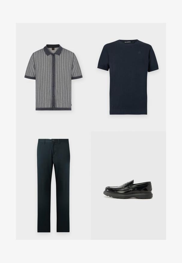 Chemise grise à manches courtes avec boutons, rayures noires verticales, col, poignets et ourlet noirs, posée à plat sur fond blanc.; T-shirt bleu marine à manches courtes avec col rond, logo subtil sur la poitrine et col et ourlet côtelés, présenté sur fond blanc uni.; Pantalon en coton noir à coupe slim, jambes droites, fermeture par bouton et poches avant plates ; texture lisse sans motifs.; Mocassin en cuir noir avec une finition brillante, bout arrondi, détails de couture subtils et semelle en caoutchouc épaisse pour la durabilité.