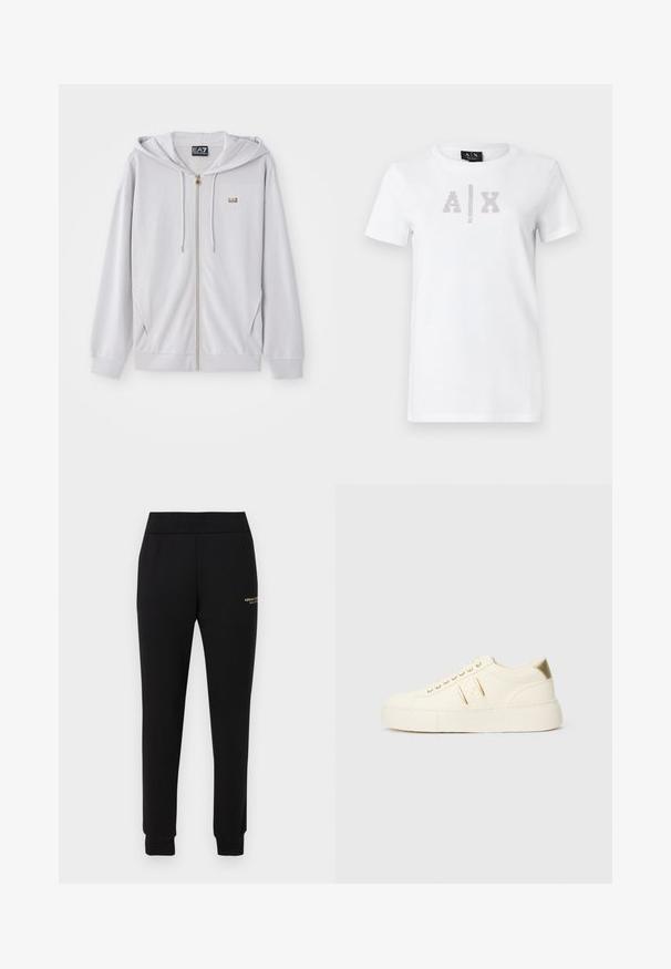 Lys grå zip-hoodie lavet af blødt stof, med hætte, gylden lynlås og et lille logo på brystet. Glat tekstur og afslappet pasform.; Hvid T-shirt med korte ærmer og rund hals, med "A | X" logo i sølvnitter og teksten "Armani Exchange" under på fronten.; Sorte, tilspidsede sweatpants med elastisk talje og manchetter, med lille gyldent "Armani Exchange"-logo på højre lår.; Cremefarvet lavtop sneaker med guld accenter, snørebånd og præget "Armani Exchange" branding på sålen og siden.