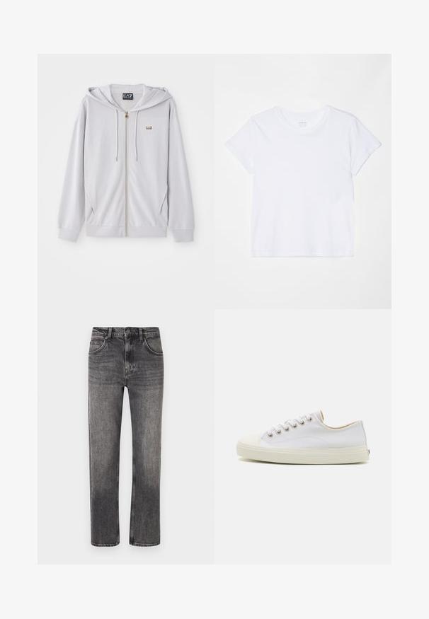Lys grå zip-hoodie lavet af blødt stof, med hætte, gylden lynlås og et lille logo på brystet. Glat tekstur og afslappet pasform.; FRAME BABY TEE - T-shirts basic - white; Gråvaskede straight-leg jeans med forlommer, bæltestropper og knaplukning.; Læder sneakers i hvid med rund tå, snørebånd foran og cremefarvet gummisål. Har metaløjer og syet detaljer.
