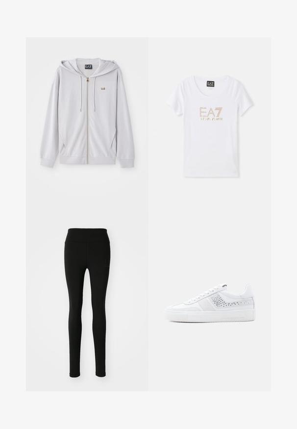 Sudadera con cremallera en gris claro, hecha de tela suave, que incluye capucha, cremallera dorada y un pequeño logo en el pecho. Textura suave y corte relajado.; Camiseta de algodón blanca con un cuello redondo, que presenta un logo en piedras de strass doradas "EA7 EMPORIO ARMANI" centrado en la parte delantera.; Leggings negros de tejido elástico, con una cintura alta y un logotipo discreto con piedras de strass en el lado izquierdo.; Zapatilla blanca con parte superior de cuero liso, detalles en ante, detalles de malla y suela de goma texturizada. Incluye cordones planos y marca en el lateral.