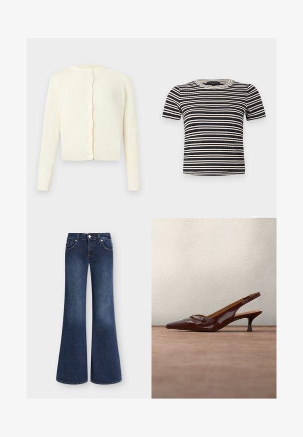 Cardigan tricoté de couleur crème avec manches longues, encolure ronde et six boutons sur le devant, présenté sur un fond uni.; Haut côtelé à manches courtes avec des rayures horizontales noires et blanches, col rond et coupe ajustée.; Jean en denim bleu foncé à taille haute, style classique cinq poches et jambes larges évasées, présenté à plat sur fond blanc.; Escarpin slingback en cuir verni marron foncé avec bout pointu, petit talon kitten bas et petite boucle décorative sur le dessus.