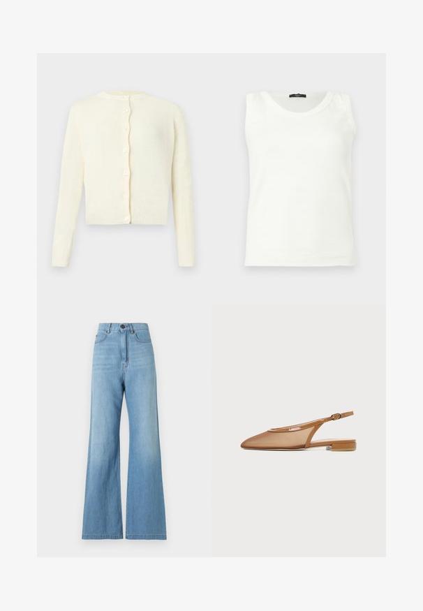 Cardigan tricoté de couleur crème avec manches longues, encolure ronde et six boutons sur le devant, présenté sur un fond uni.; Débardeur blanc sans manches à col rond avec étiquette noire au col, présenté sur un fond clair uni.; Jean large taille haute bleu clair avec fermeture frontale par bouton et fermeture éclair, poches avant et arrière, et coutures visibles.; Chaussure plate à bride arrière marron avec bout pointu, fine bride avec boucle et petit talon bloc sur fond blanc.