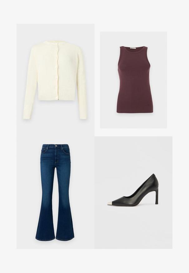 Cardigan tricoté de couleur crème avec manches longues, encolure ronde et six boutons sur le devant, présenté sur un fond uni.; Débardeur ajusté sans manches de couleur violet foncé avec un col rond et un logo discret près de l'ourlet, présenté sur un fond clair uni.; Jean flare bleu foncé taille haute, en denim. Comprend des poches standard, une fermeture à boutons sur le devant et une texture lisse.; Chaussure à talon haut en cuir noir avec bout pointu et capuchon argenté métallique. Présente une finition lisse et un talon fin de 10 cm.