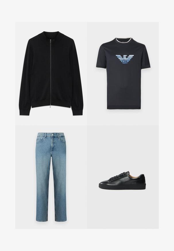 Čierny cardigan na zips s dlhým rukávom a rebrovaným okrúhlym výstrihom, manžetami a lemom, zobrazený na bielom pozadí.; Tmavomodré bavlnené tričko s krátkymi rukávmi, s prechodovým logom orla v odtieňoch modrej a bieleho zdobenia pozdĺž goliera.; Svetlomodré rifle z denimu s priamym strihom, dizajnom s piatimi vreckami a zapínaním na gombík v páse. Prešívanie pozdĺž švov.; Čierne kožené tenisky s hladkým povrchom, okrúhlou špičkou a šnúrkami. Majú hrubú gumenú podrážku a minimálne značkové detaily.