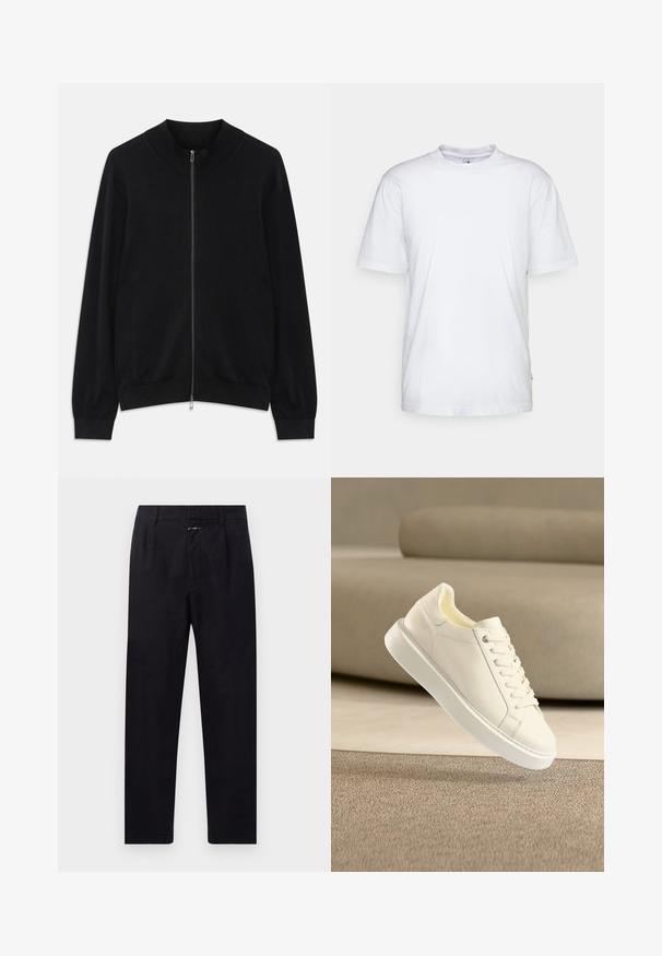 Sort langærmet zip-up cardigan med ribbet rund hals, manchetter og kant, vist mod en hvid baggrund.; Hvid bomulds t-shirt med rund hals, korte ærmer og lige kant. Har et lille mærke på den venstre sidesøm.; Sorte bomuldsbukser med lige ben, med frontfolder, sidelommer og lynlås. Struktureret stoffinish.; Hvid læder sneaker med snørebånd flydende over tæppebelagt gulv, beige sofa i baggrunden, indendørs miljø.