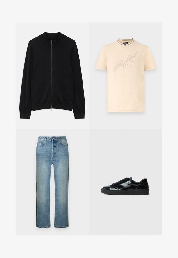Zwarte lange mouwen ritssluiting cardigan met ribgebreide ronde hals, manchetten en zoom, tentoongesteld tegen een witte achtergrond.; Beige T-shirt met korte mouwen, gestreepte geribbelde kraag en cursieve borduursel van "Emporio Armani Milano 1981" aan de voorkant.; Lichtblauwe, recht gesneden spijkerbroek met knoop- en ritssluiting aan de voorkant, riemlussen en een vijfzakkenmodel.; Zwarte gepatenteerde leren sneakers met een ronde neus, vetersluiting, een gestructureerde rubberen zool en een glanzende afwerking.