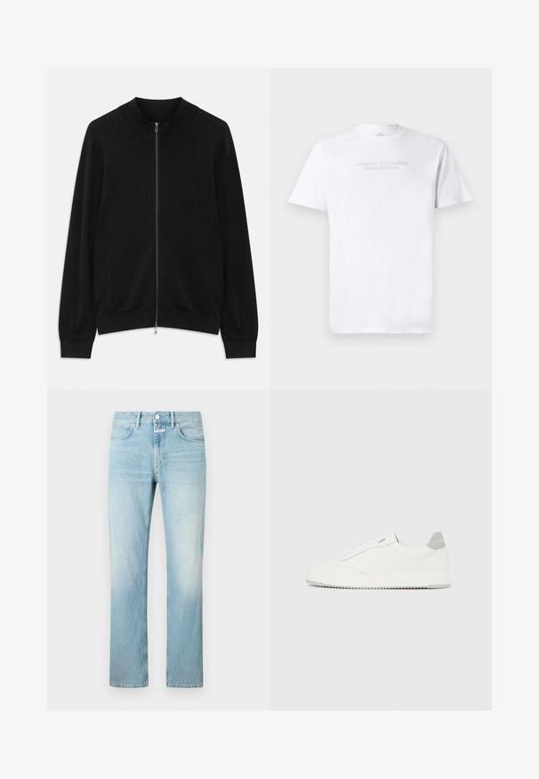 Sort langærmet zip-up cardigan med ribbet rund hals, manchetter og kant, vist mod en hvid baggrund.; Hvid bomulds T-shirt med rund halsudskæring, korte ærmer og prægede "ARMANI EXCHANGE MILANO/NEW YORK" logo på fronten.; Lysblå denimjeans med lige ben, der har et klassisk femlomme-design og en knappelukning.; Hvid lavtop-sneaker med gråt hælflig, hvide snørebånd og tekstureret sål, vist på en ensfarvet lys baggrund.