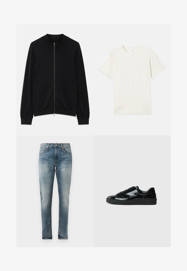 Sort langærmet zip-up cardigan med ribbet rund hals, manchetter og kant, vist mod en hvid baggrund.; Korte ærmer, crew neck t-shirt i lys beige, blødt bomuldsstof med en afslappet pasform og uden synlige mønstre eller accenter.; Slim-fit blå denimjeans med falmet vask, fem-lomme stil, knaplukning og diskret slidmærker ved hofter og knæ.; Sorte laklæder sneakers med rund tå, snørredesign, tekstureret gummisål og en glat overflade.