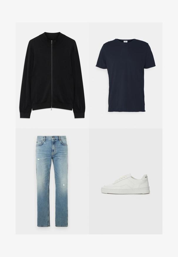 Čierny cardigan na zips s dlhým rukávom a rebrovaným okrúhlym výstrihom, manžetami a lemom, zobrazený na bielom pozadí.; Námornícky modré bavlnené tričko s okrúhlym výstrihom a krátkymi rukávmi, s hladkou textúrou a jednoduchým dizajnom, bez viditeľných vzorov alebo akcentov.; Svetlomodré riflové nohavice s rovnými nohavicami, so vyblednutými časťami a drobnými opotrebovanými miestami. Klasický dizajn s piatimi vreckami a slučkami na opasok.; Biele kožené tenisky s hladkým povrchom, okrúly špičkový dizajn, ploché šnúrky a textúrovaná podrážka. Obsahujú jemné logo na päte.