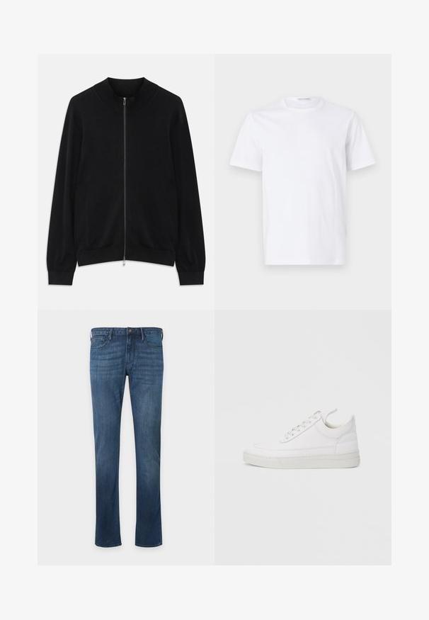 Sort langærmet zip-up cardigan med ribbet rund hals, manchetter og kant, vist mod en hvid baggrund.; Hvid bomulds t-shirt med rund halsudskæring og korte ærmer. Glat tekstur, lige snit og minimalistisk design uden mønstre eller accenter.; Blå straight-leg denim jeans med forlommer, bæltestropper og knaplukning, vist på en ensfarvet lys baggrund.; Hvid lædersneaker med rundet tå, flad sål og snørebånd foran. Har syningsdetaljer og polstret krave for komfort.