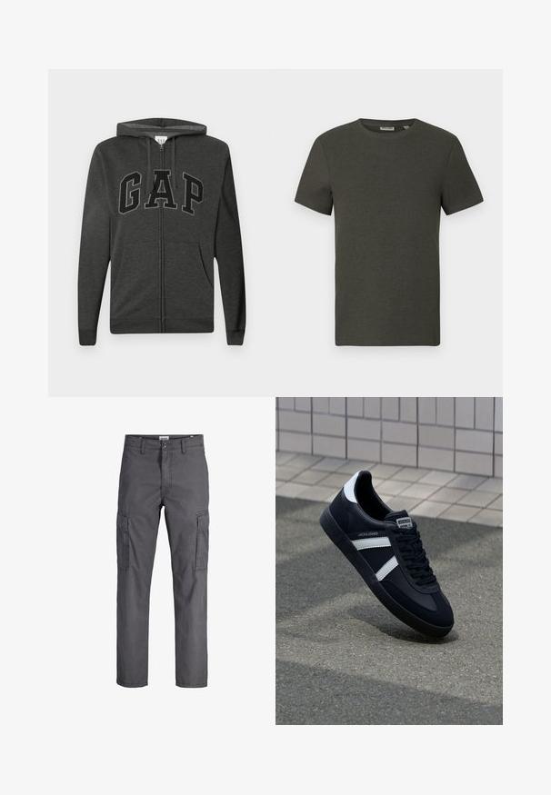 Haut à capuche zippé gris foncé avec poches avant, capuche réglable à cordon et grandes lettres "GAP" en noir surlignées sur la poitrine.; T-shirt à manches courtes vert foncé avec un col rond, fabriqué en tissu côtelé ; présente un design simple et minimaliste sans motifs.; Pantalons cargo gris foncé avec un design à jambes droites, dotés de plusieurs poches latérales et d'une fermeture à bouton à la taille. Matière en mélange de coton.; Sneaker en cuir noir avec des rayures blanches, semelle en caoutchouc texturée et devant à lacets. Présente une étiquette de marque sur la languette.