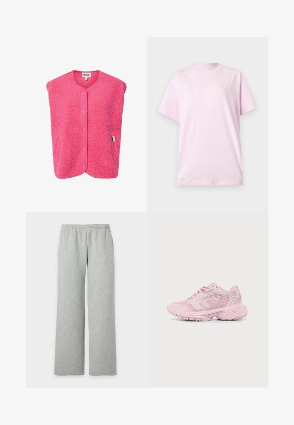 Chaleco sin mangas de peluche rosa con cierre de botones, cuello redondeado y bolsillo lateral que presenta una pequeña etiqueta. Material suave y texturizado.; Camiseta Nike de color rosa claro, de manga corta y cuello redondo, con un pequeño logo blanco de Nike centrado en el pecho, mostrada sobre un fondo liso.; Pantalones deportivos gris claro con cintura elástica y piernas rectas y anchas, mostrados sobre un fondo blanco liso.; Zapatilla deportiva de color rosa claro con parte superior de malla y sintética, cordones delanteros y suela gruesa y texturizada, mostrada de lado sobre fondo blanco.