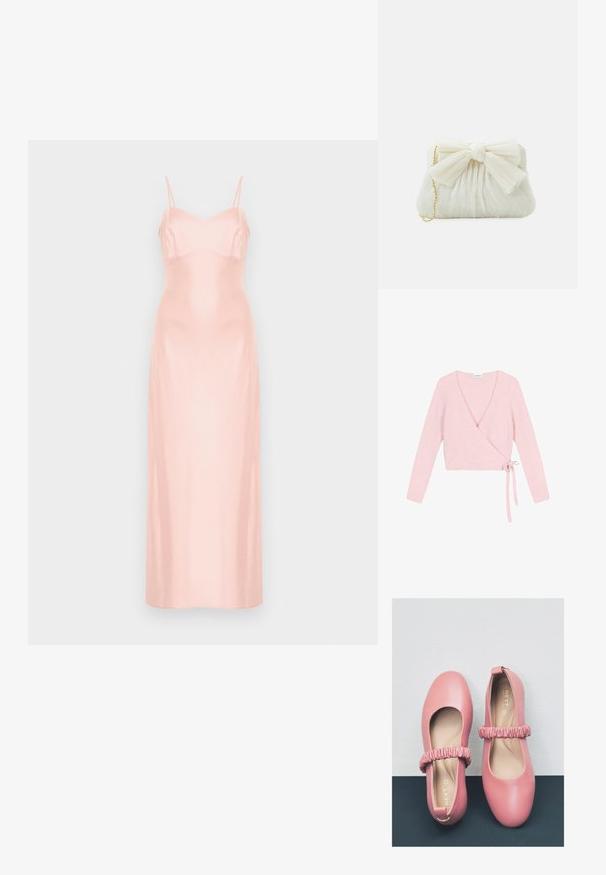 Suéter envolvente de material suave y rosa claro. Cuenta con mangas largas, escote en V pronunciado y cierre con lazo en el lateral. Texturizado con un acabado esponjoso.; Vestido largo de satén rosa pálido con finos tirantes de espagueti y corpiño ajustado, mostrado sobre un fondo blanco liso.; Bailarinas de cuero rosa con punta redondeada, que cuentan con una correa plisada a lo largo del empeine y un forro interior suave.; Bolso de mano plisado blanco con un destacado detalle de lazo y una correa de cadena dorada. Textura suave con un diseño fruncido en la parte frontal.