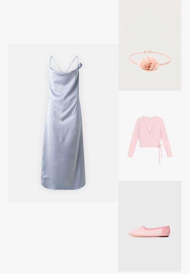 Suéter envolvente de material suave y rosa claro. Cuenta con mangas largas, escote en V pronunciado y cierre con lazo en el lateral. Texturizado con un acabado esponjoso.; Vestido de satén azul claro con tirantes finos, escote en V y un detalle floral decorativo en el hombro. Textura suave y forma ajustada.; Bailarina rosa hecha de tejido suave, con punta afilada y un pequeño lazo en la parte superior, además de una suela baja y flexible.; Cinta elástica para el cabello de color rosa con una suave flor de tela con pétalos en capas en el centro sobre un fondo blanco.