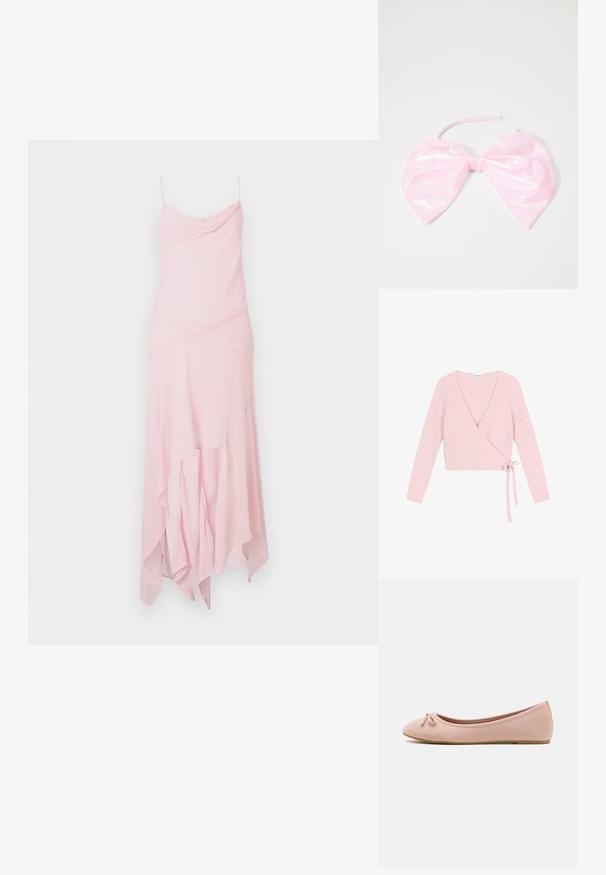 Suéter envolvente de material suave y rosa claro. Cuenta con mangas largas, escote en V pronunciado y cierre con lazo en el lateral. Texturizado con un acabado esponjoso.; Vestido midi rosa con tirantes finos, que presenta un cuerpo drapeado y un dobladillo asimétrico. Hecho de una tela ligera y fluida con una textura suave.; Bailarinas de suave ante rosa con punta redondeada y un pequeño lazo en la parte delantera, con una suela baja y plana.; Accesorio para el cabello de color rosa y brillante con forma de gran lazo, con una textura suave y una delgada correa para asegurarlo en su lugar.