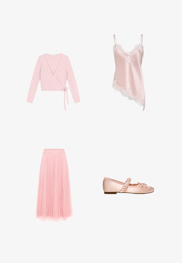 Pull enroulé en matériau doux et léger rose pâle. Présente des manches longues, un décolleté en V profond et une fermeture à nouer sur le côté. Texturé avec une finition duveteuse.; Caraco en satin rose clair avec bordure en dentelle blanche le long du décolleté en V, de l'ourlet et fines bretelles réglables, avec un ourlet asymétrique.; zero MIT PLIESSENDEM BECHER - Jupe plissée - bridal rose; Une ballerine plate en satin rose pâle avec une bride élastique froncée et un petit nœud décoratif sur fond blanc.