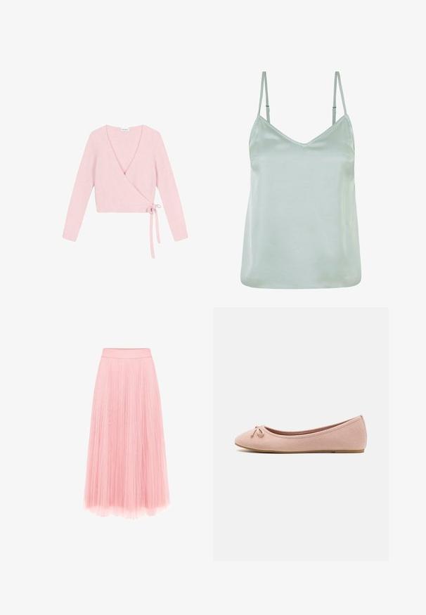 Pull enroulé en matériau doux et léger rose pâle. Présente des manches longues, un décolleté en V profond et une fermeture à nouer sur le côté. Texturé avec une finition duveteuse.; Camisole en satin vert clair avec des bretelles fines ajustables et un décolleté en V, présentant une texture lisse et une coupe décontractée.; zero MIT PLIESSENDEM BECHER - Jupe plissée - bridal rose; Des ballerines en suede rose doux avec un bout arrondi et un petit nœud sur le devant, dotées d'une semelle plate basse.