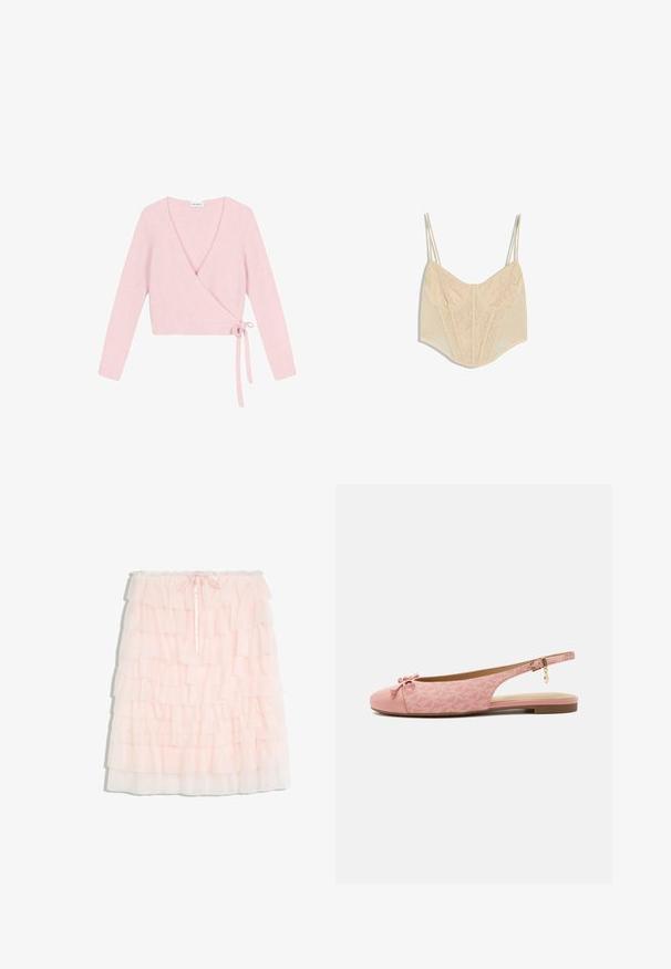 Pull enroulé en matériau doux et léger rose pâle. Présente des manches longues, un décolleté en V profond et une fermeture à nouer sur le côté. Texturé avec une finition duveteuse.; Crop top style corset en dentelle beige avec fines bretelles réglables et motifs floraux complexes sur le panneau avant.; Jupe en tulle rose clair à étages avec plusieurs couches à volants et un petit nœud devant à la taille élastique.; Chaussure slingback plate rose avec tissu texturé, nœud sur l’orteil arrondi, bride de cheville avec boucle dorée et breloque, et semelle basse marron.