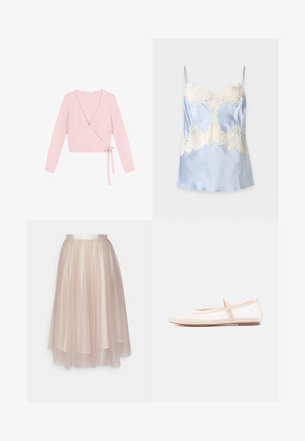 Suéter envolvente de material suave y rosa claro. Cuenta con mangas largas, escote en V pronunciado y cierre con lazo en el lateral. Texturizado con un acabado esponjoso.; Camisola de satén azul claro con detalles de encaje blanco en el busto y la cintura, con tirantes finos y acabado suave.; Ida Sjöstedt FLAWLESS SKIRT - Falda acampanada - warm beige; Bailarinas con una parte superior de malla beige translúcida y una correa de satén, con punta redondeada y suela baja de color marrón. Diseño ligero y flexible.