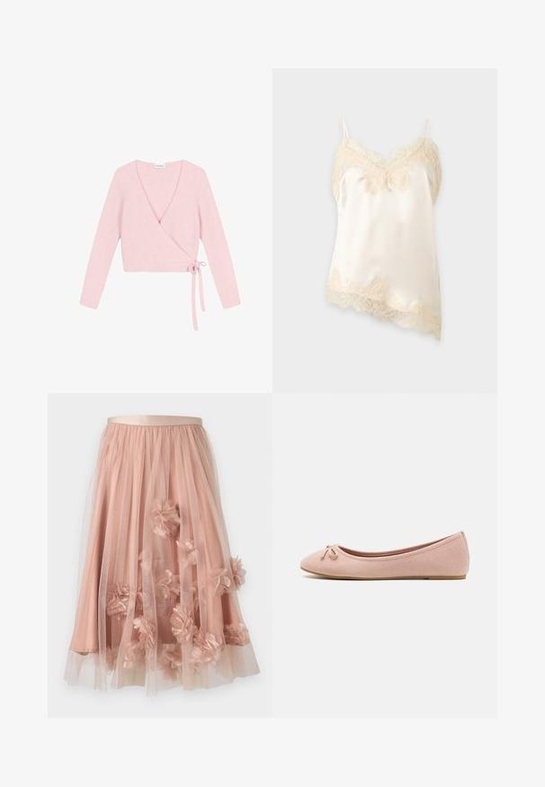 Indpakket sweater i blødt, lyserødt materiale. Har lange ærmer, dyb V-hals og bindelukning på siden. Teksturet har en fuzzy finish.; Fløjlsfarvet satin camisole med delikat blonderkant langs halsudskæring, kant og tynde skulderstropper på en ensfarvet baggrund.; Tylskørt i blød lyserød med satinbånd i taljen. Har lag af gennemsigtigt stof og tredimensionelle blomsterapplikationer over det hele.; Ballet flats lavet af blødt lyserødt ruskind med en rund tå og en lille sløjfedetail foran, samt en lav flad sål.