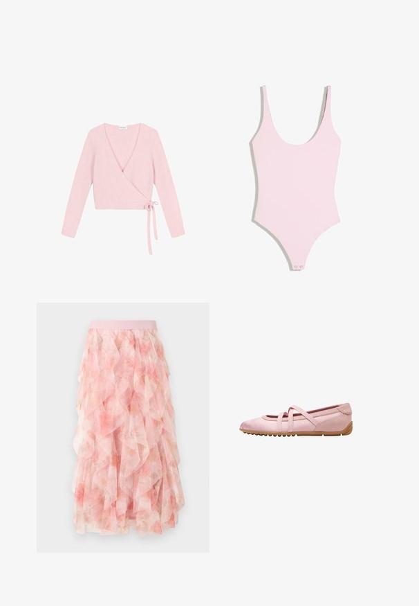 Pull enroulé en matériau doux et léger rose pâle. Présente des manches longues, un décolleté en V profond et une fermeture à nouer sur le côté. Texturé avec une finition duveteuse.; Body sans manches rose clair avec encolure dégagée et fermetures pression à l'entrejambe sur fond blanc.; Jupe midi en tulle rose à couches avec motif floral et taille élastique, présentant des textures douces et volantées.; Ballerine rose clair avec deux sangles élastiques croisées, talon en daim et semelle en gomme texturée, vue de côté sur fond blanc.