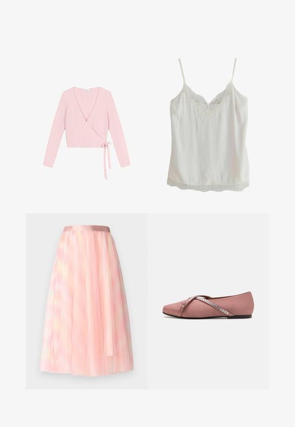 Indpakket sweater i blødt, lyserødt materiale. Har lange ærmer, dyb V-hals og bindelukning på siden. Teksturet har en fuzzy finish.; Hvid ærmeløs camisole med tynde stropper og blondekant på udskæringen og kanten, lavet af glat stof.; Ida Sjöstedt FLAWLESS SKIRT - A-snit nederdel - pink; Ballet-flade i blødt lyserødt satin med et kryds-selvdesign dekoreret med firkantede sølvdetaljer og en rund tå. Lav sort sål.