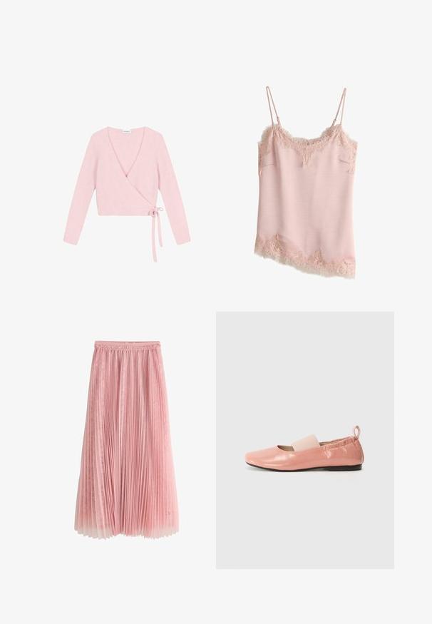 Suéter envolvente de material suave y rosa claro. Cuenta con mangas largas, escote en V pronunciado y cierre con lazo en el lateral. Texturizado con un acabado esponjoso.; Camisola de satén rosa claro con borde de encaje floral en el escote, dobladillo y laterales, con finas tirantes ajustables.; Falda midi plisada rosa con una capa inferior de encaje y cinturilla fruncida, mostrada sobre un fondo blanco.; Bailarinas sintéticas rosas con un acabado brillante, punta cuadrada y una suave banda elástica en el empeine. Suela de goma negra y una lengüeta en la parte trasera.