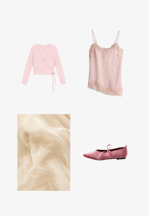 Suéter envolvente de material suave y rosa claro. Cuenta con mangas largas, escote en V pronunciado y cierre con lazo en el lateral. Texturizado con un acabado esponjoso.; Camisola de satén rosa claro con borde de encaje floral en el escote, dobladillo y laterales, con finas tirantes ajustables.; Tela de tul color beige claro con una textura suave y transparente, que presenta un tejido de malla fina que crea suaves ondas y pliegues.; Bailarina de terciopelo rosa con puntera puntiaguda, suela fina y lazo atado en la parte superior.