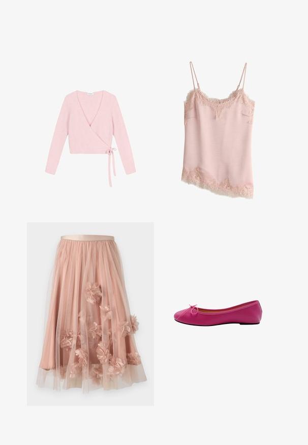 Suéter envolvente de material suave y rosa claro. Cuenta con mangas largas, escote en V pronunciado y cierre con lazo en el lateral. Texturizado con un acabado esponjoso.; Camisola de satén rosa claro con borde de encaje floral en el escote, dobladillo y laterales, con finas tirantes ajustables.; Falda de tul en rosa suave con cinturilla de satén. Cuenta con tela transparente en capas y apliques florales tridimensionales por toda la prenda.; Bailarina rosa con parte superior sintética suave, puntera redondeada y un pequeño lazo como acento. Suela de goma de perfil bajo.