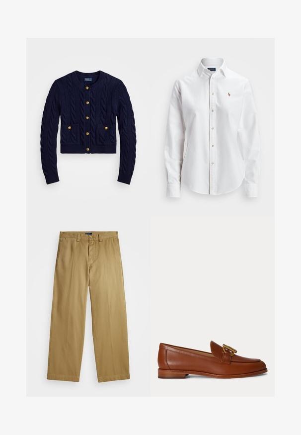 Marineblå strikket cardigan med kabelmønster, med gyldne knapper og to forlommer. Kort længde, ribbede manchetter og kant.; Hvid langærmet skjorte med knapper lavet af bomuld, der har en klassisk krave og et lille broderet logo på brystet.; Polo Ralph Lauren COTTON CHINO STRAIGHT LEG TROUSER - Chino - khaki; Brun læder loafer med lav stakket hæl og guldfarvet metal spænde på toppen, vist i sideprofil på en ensfarvet baggrund.