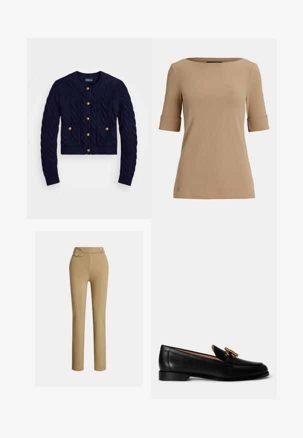 Marineblå strikket cardigan med kabelmønster, med gyldne knapper og to forlommer. Kort længde, ribbede manchetter og kant.; Beige kortærmet top med opsmøgede ærmekanter og en bred, rund halsudskæring vist på en ensfarvet lys baggrund.; Beige skræddersyede bukser med en glat tekstur, høj talje, to dekorative knapper og en enkelt baglomme. Lige ben-design.; Sort læderloafer med lav hæl og guldfarvet metalspænde på toppen, vist fra siden på hvid baggrund.