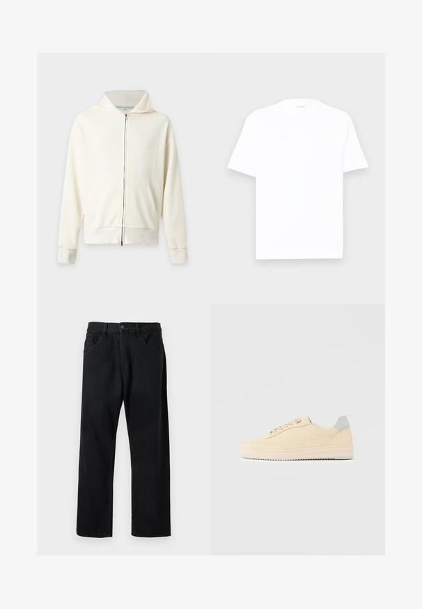 Sweat à capuche zippé côtelé blanc cassé avec poches devant et manches longues, présenté sur un fond clair uni.; T-shirt en coton blanc avec un col rond, des manches courtes et une coupe décontractée. Texture lisse, détails minimaux, sans motifs ni graphiques.; Jeans noirs en denim, dotés d'un design classique à cinq poches, coupe droite et fermeture à bouton. Texture lisse, sans motifs visibles.; Baskets basses beige à lacets, semelle rose clair et languette grise à l'arrière marquée "Filling Pieces", vues de profil sur fond uni.