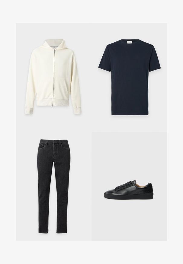 Sweat à capuche zippé côtelé blanc cassé avec poches devant et manches longues, présenté sur un fond clair uni.; T-shirt à manches courtes bleu marine en coton doux. Il présente un col rond et un design simple et épuré sans motifs ni accents.; Jean noir slim fit avec cinq poches, passants de ceinture et coutures visibles, présenté de face sur un fond uni.; Baskets en cuir noir avec une texture lisse, bout rond et fermeture à lacets. Comprend une semelle en caoutchouc épaisse et un minimum de détails de marque.