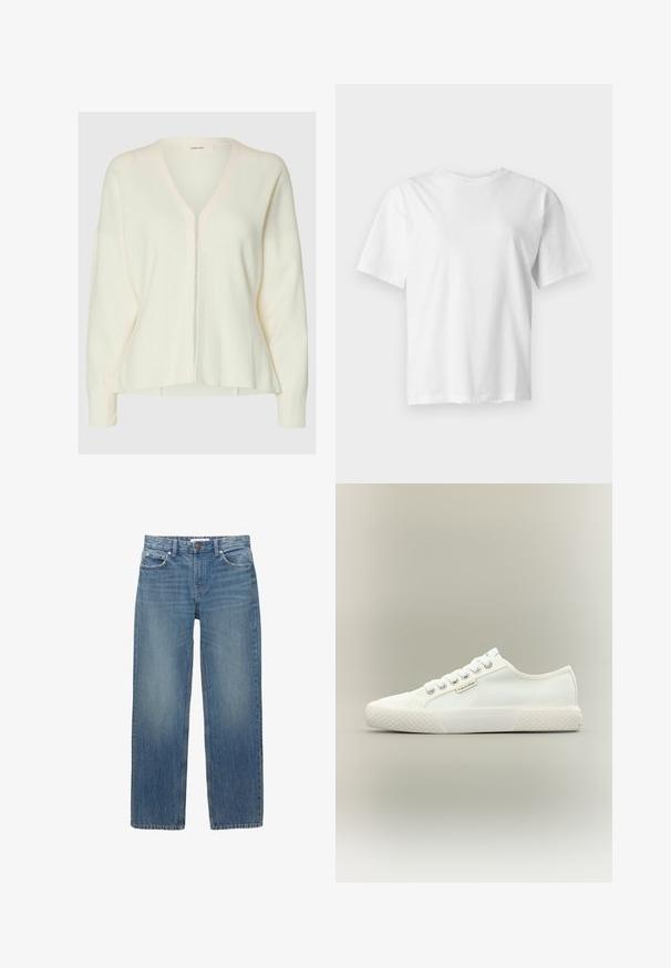Cardigan tricoté à manches longues de couleur crème, avec un col en V et de petits boutons sur le devant, présentant une coupe légèrement ample et une texture subtile.; T-shirt blanc uni à manches courtes et col rond, présenté à plat sur un fond gris clair.; Jeans en denim bleu clair à coupe droite, avec cinq poches et des éléments en métal de couleur cuivrée. Le tissu présente une légère décoloration et une texture douce.; Baskets basses blanches en toile avec semelle en caoutchouc texturée, lacets blancs et petite étiquette Calvin Klein sur le côté.