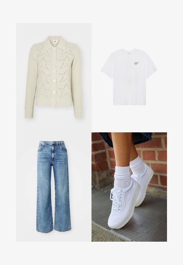 Beige strik cardigan med krave, knaplukning og stjerneudsmykning. Ribbede manchetter og kant tilføjer tekstur.; Even&Odd T-shirts print - white; Lysblå denim bredbente jeans med høj talje, der har fem lommer, knaplukning øverst og kontrastsyninger langs sømmene.; Hvide lærreds sneakers med gummisåler, der har seks snørehuller, rund tå og let sømdetaljer, krydret med hvide ankelstrømper.