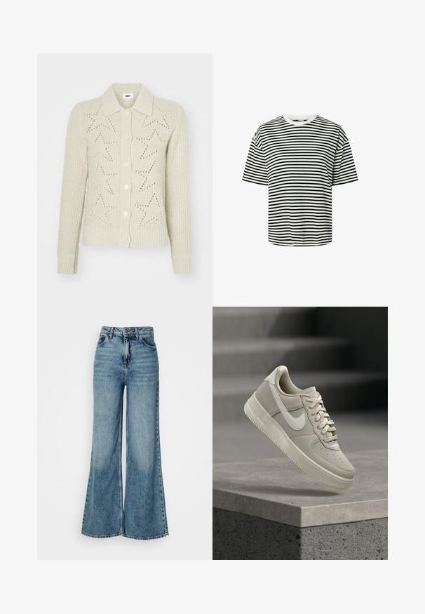 Beige Strickjacke mit Kragen, Knopfleiste und Stern-ausgeschnittenen Mustern. Rippbündchen und -saum betonen die Textur.; Schwarz-weiß gestreiftes, kurzärmeliges T-Shirt mit Rundhalsausschnitt und lockerer Passform, auf weißem Hintergrund dargestellt.; Hoch taillierte, hellblaue weite Jeans mit Fronttaschen und Knopfverschluss, vor einem schlichten weißen Hintergrund gezeigt.; Beiger Nike Air Force 1 Sneaker schwebt über einer Betonplatte mit verschwommenen grauen Treppen im Hintergrund.