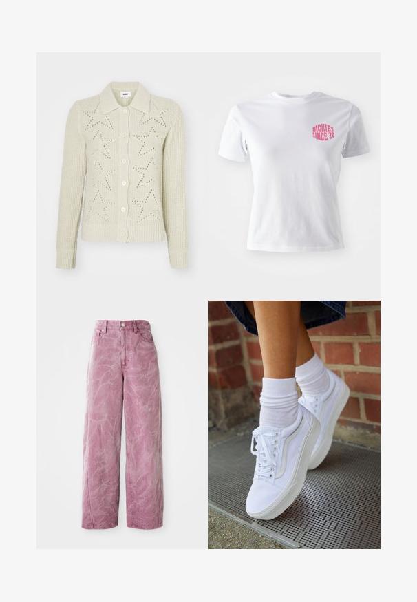 Beige strik cardigan med krave, knaplukning og stjerneudsmykning. Ribbede manchetter og kant tilføjer tekstur.; Hvid bomulds T-shirt med korte ærmer, der har en pink grafik på venstre bryst, som står "DICKIES SINCE '22." Klassisk crew neck design.; Rosa bredde ben jeans med høj talje, med en falmet, tekstureret finish, knaplukning og sidelommer.; Hvide lærreds sneakers med gummisåler, der har seks snørehuller, rund tå og let sømdetaljer, krydret med hvide ankelstrømper.