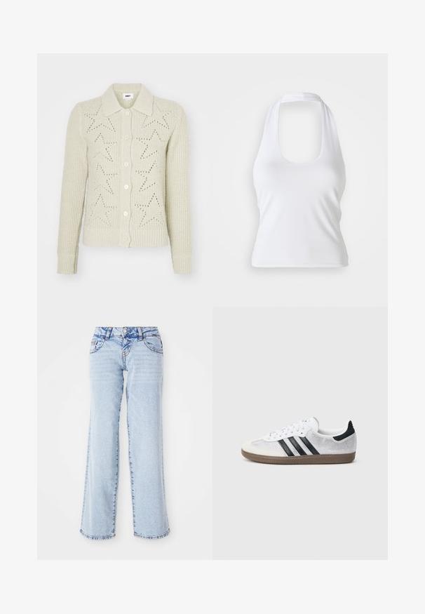 Beige strik cardigan med krave, knaplukning og stjerneudsmykning. Ribbede manchetter og kant tilføjer tekstur.; Hvid halterneck top med scoop-udskæring, lavet af glat, strækbart stof. Har et minimalistisk design uden dekorative elementer eller mønstre.; Lyseblå denimjeans med en afslappet pasform, lige ben og subtilt slid. Har fem lommer og bæltestropper. Distressed kantdetalje.; Hvid mesh-sneaker med sorte striber, beige ruskind på tåhætte og hæl, tekstureret gummisål og hvide snørebånd. Klassisk lavtopsdesign.