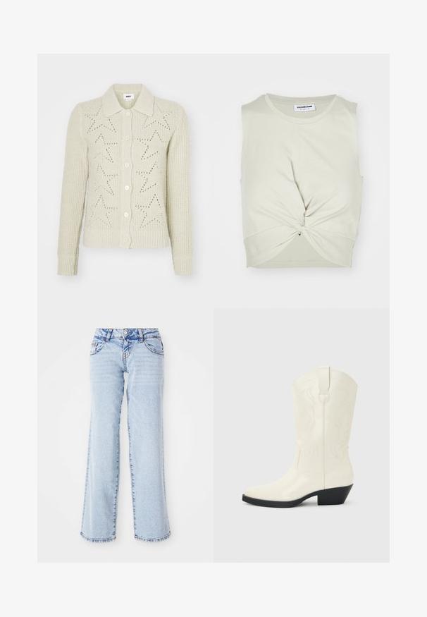 Beige strik cardigan med krave, knaplukning og stjerneudsmykning. Ribbede manchetter og kant tilføjer tekstur.; Noisy May NMTWIGGI - Top - agate gray; Lyseblå denimjeans med en afslappet pasform, lige ben og subtilt slid. Har fem lommer og bæltestropper. Distressed kantdetalje.; Hvid western-støvle til midt på læggen med spids tå, sort stablet hæl, dekorative sømme og trækflap på skaftet.