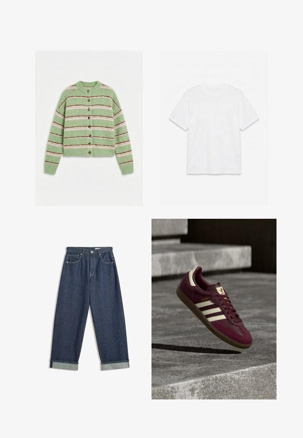Grøn strikket cardigan med lyserøde og mørkerøde vandrette striber, brune knapper, lange ærmer og ribbet krave, manchetter og kant.; Hvid ensfarvet t-shirt med korte ærmer og rund hals, lagt fladt på en hvid baggrund.; Mørkeblå, vide denimbukser med foldede manchetter, frontknap og lynlås, bæltestropper og fem lommer.; Bourgognefarvet sneaker med tekstureret læder, tre hvide striber og gyldne detaljer. Gummisål, klassisk Samba-design og åndbare mesh-detaljer.