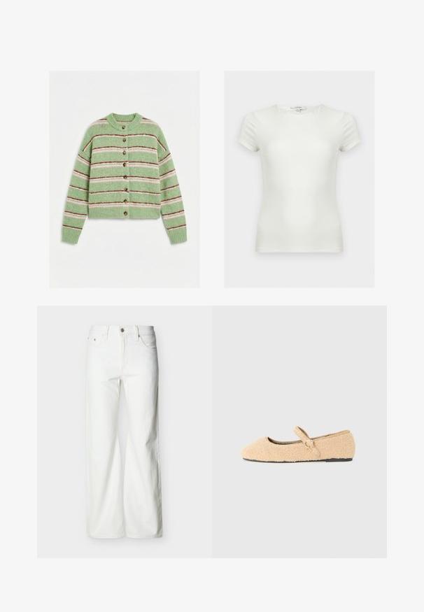 Grøn strikket cardigan med lyserøde og mørkerøde vandrette striber, brune knapper, lange ærmer og ribbet krave, manchetter og kant.; Plain hvid tætsiddende t-shirt med korte ærmer og rund halsudskæring, vist på en neutral baggrund.; Hvide jeans med høj talje og lige ben, med forreste knap, lynlåslukning samt sidelommer og baglommer, mod en ensartet lys baggrund.; Beige fnug Mary Jane flad sko med rund tå, justerbar rem med cirkelformet spænde og sort sål på hvid baggrund.