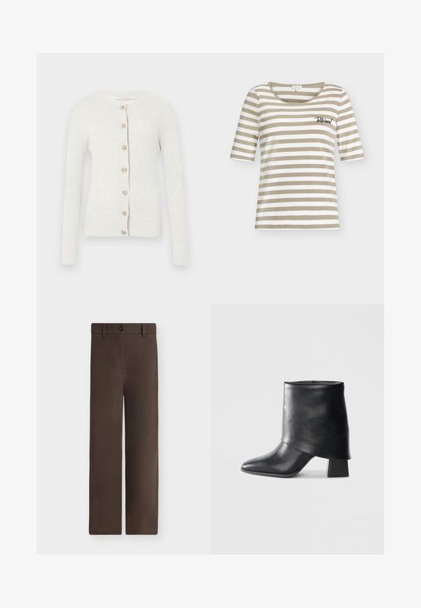 Cardigan côtelé gris clair à manches longues, avec un col rond et sept boutons décoratifs dorés sur le devant.; Chemise à manches courtes à rayures horizontales beiges et blanches avec un col rond et un petit texte noir sur la poitrine gauche.; Pantalon marron à jambes droites avec un bouton et des passants pour ceinture, présenté à plat sur un fond neutre.; Bottine en cuir noir à bout pointu, texture lisse et talon bloc structuré. Elle se distingue par un design de revers haut et plié.