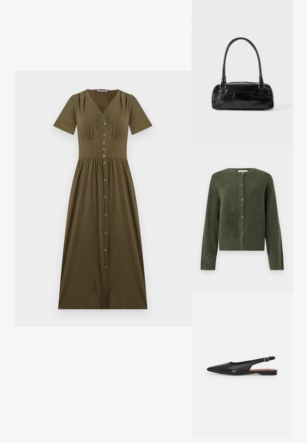 Olivgrüner, wollener Knopf-Cardigan mit langen Ärmeln und rundem Ausschnitt, für Damen entworfen.; Midi-langes olivgrünes Kleid mit kurzen Ärmeln, V-Ausschnitt, tailliertem Schnitt und durchgehender Knopfleiste vorne.; Schwarzer Leder Slingback-Schuh mit spitzer Zehenform, subtiler Glanz und verstellbarem Knöchelriemen. Flacher Absatz mit einer braunen Innensohle.; Schwarze Lederhandtasche in rechteckiger Form, mit einem stabilen Griff, silbernem Zubehör und Reißverschluss. Glatte Textur.